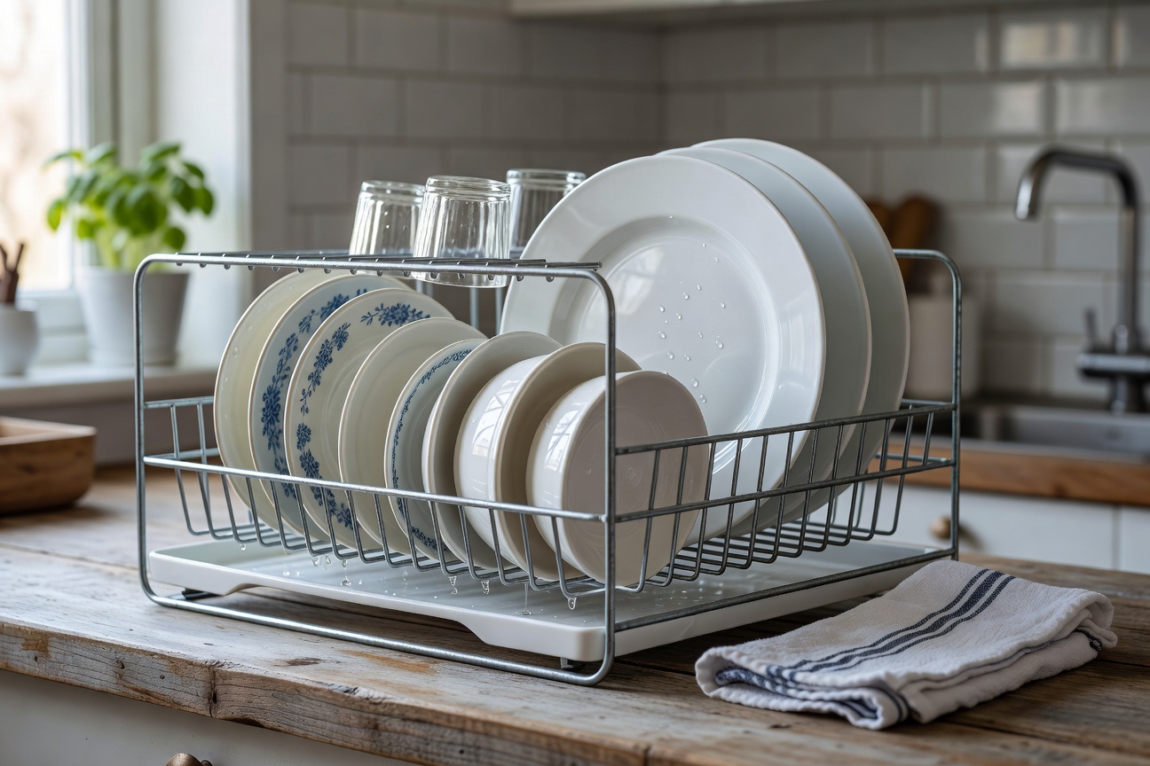 Dishes drying after evening cleanup