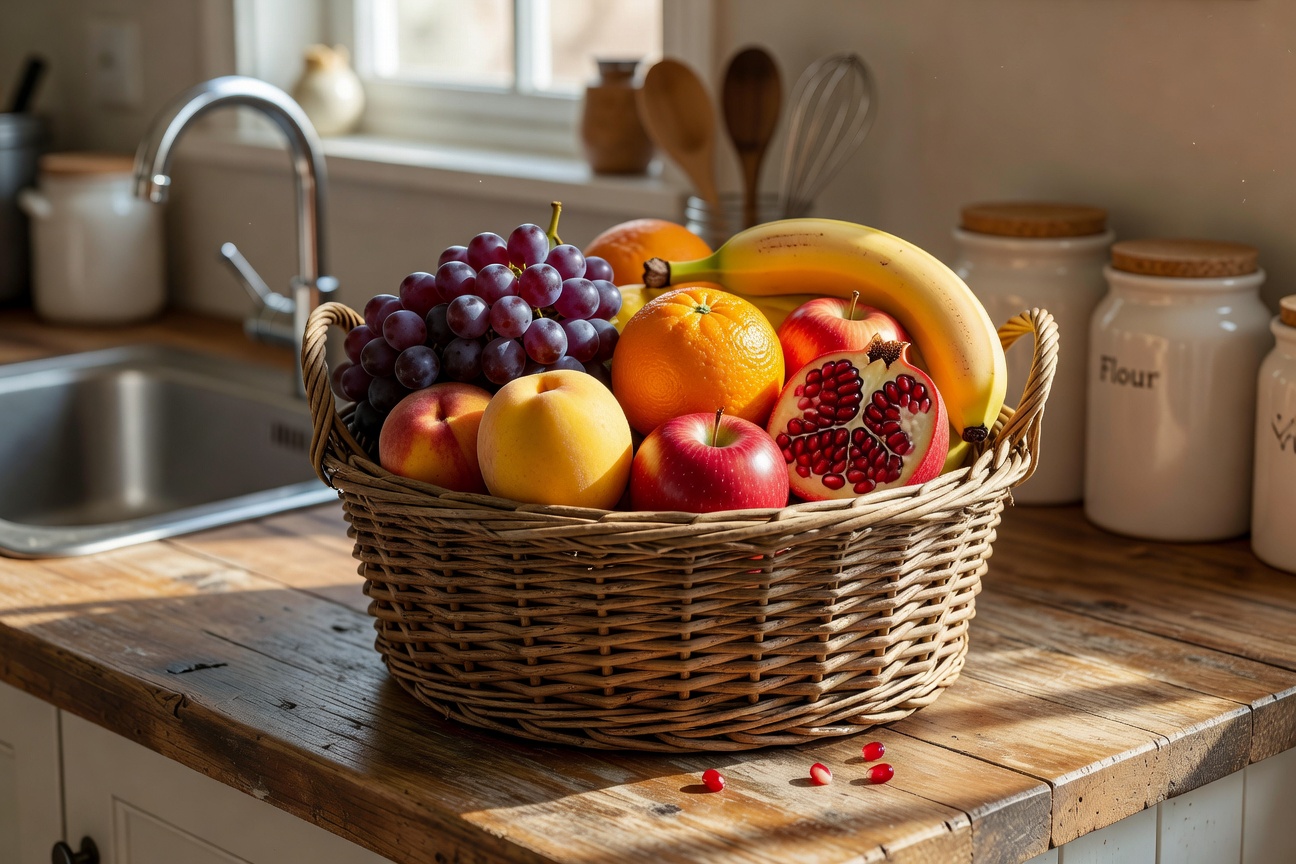 Fresh fruit basket in kitchen