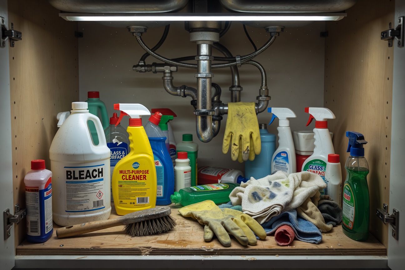 Kitchen cleaning supplies organized